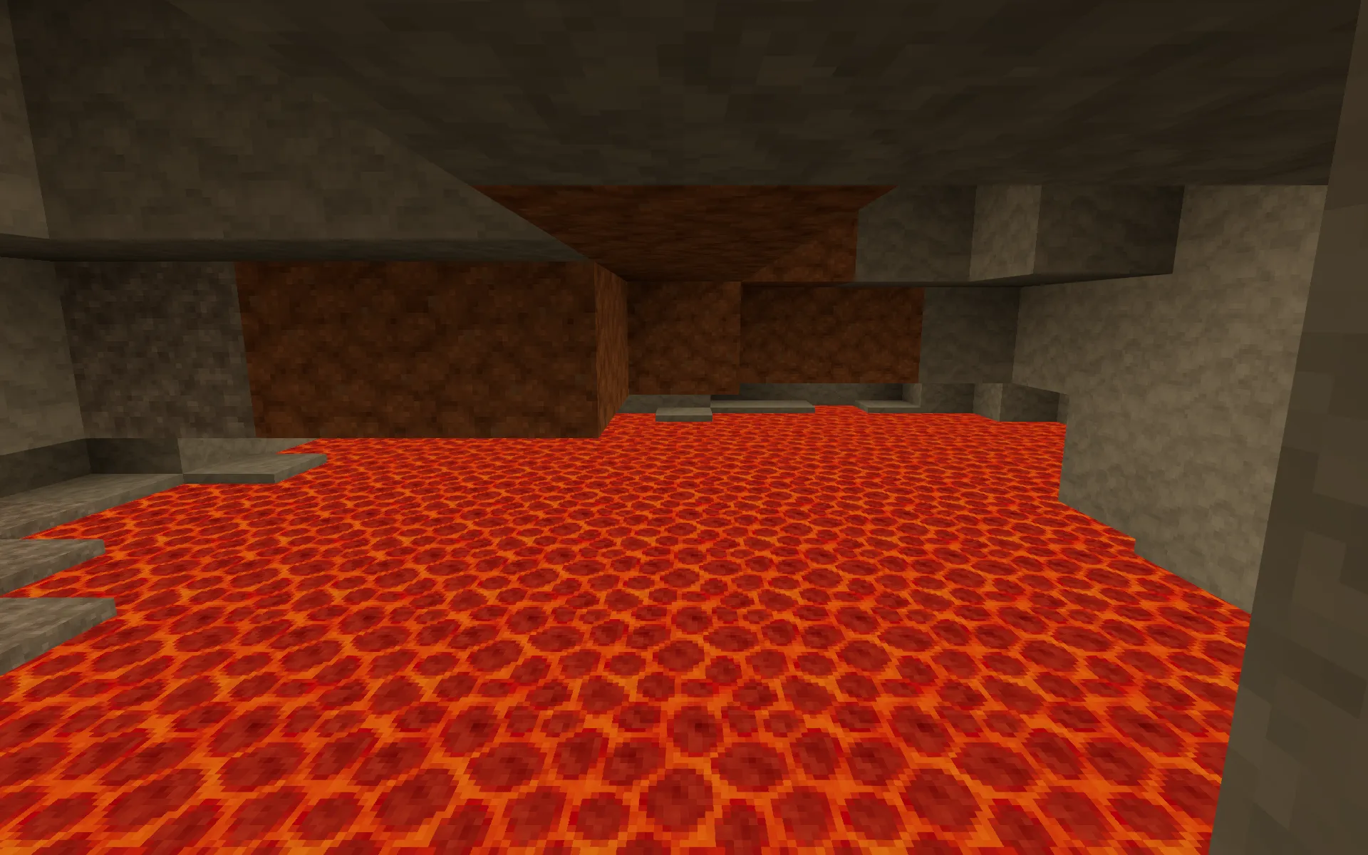 A glowing lake of lava filling a low underground cavern of stone.